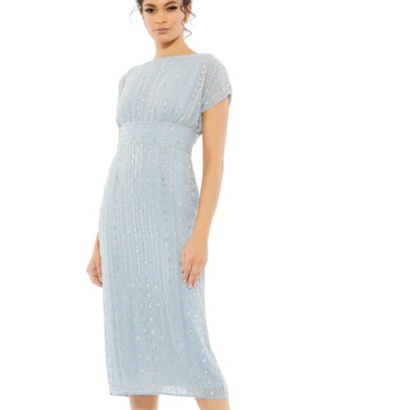 MAC DUGGAL 93649 BEADED CAP SLEEVE COLUMN SLATE BLUE MIDI DRESS sz 14 - Picture 1 of 4